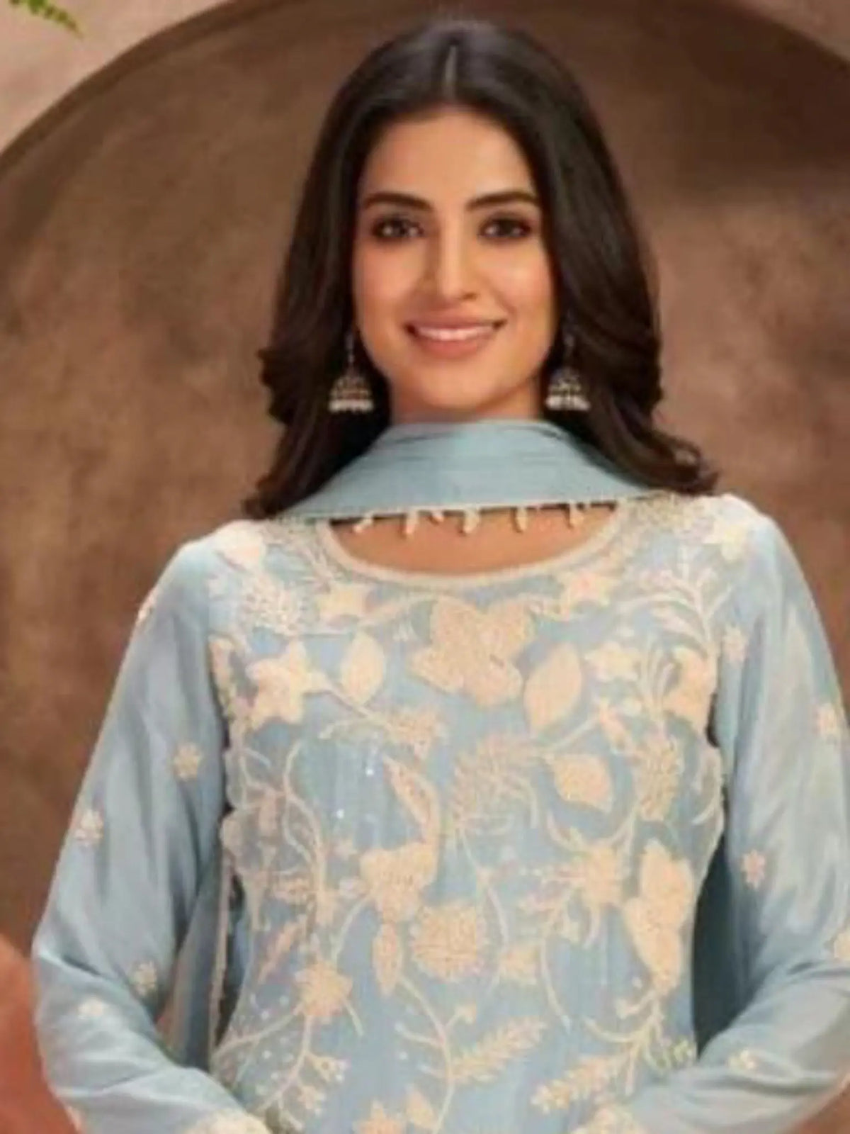Sky Blue Embroidered Georgette Neckline and Ivory Resham Embroidery Detail