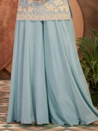 Sky Blue Georgette Kameez Floral Needlework and Sequin Highlights Close Up