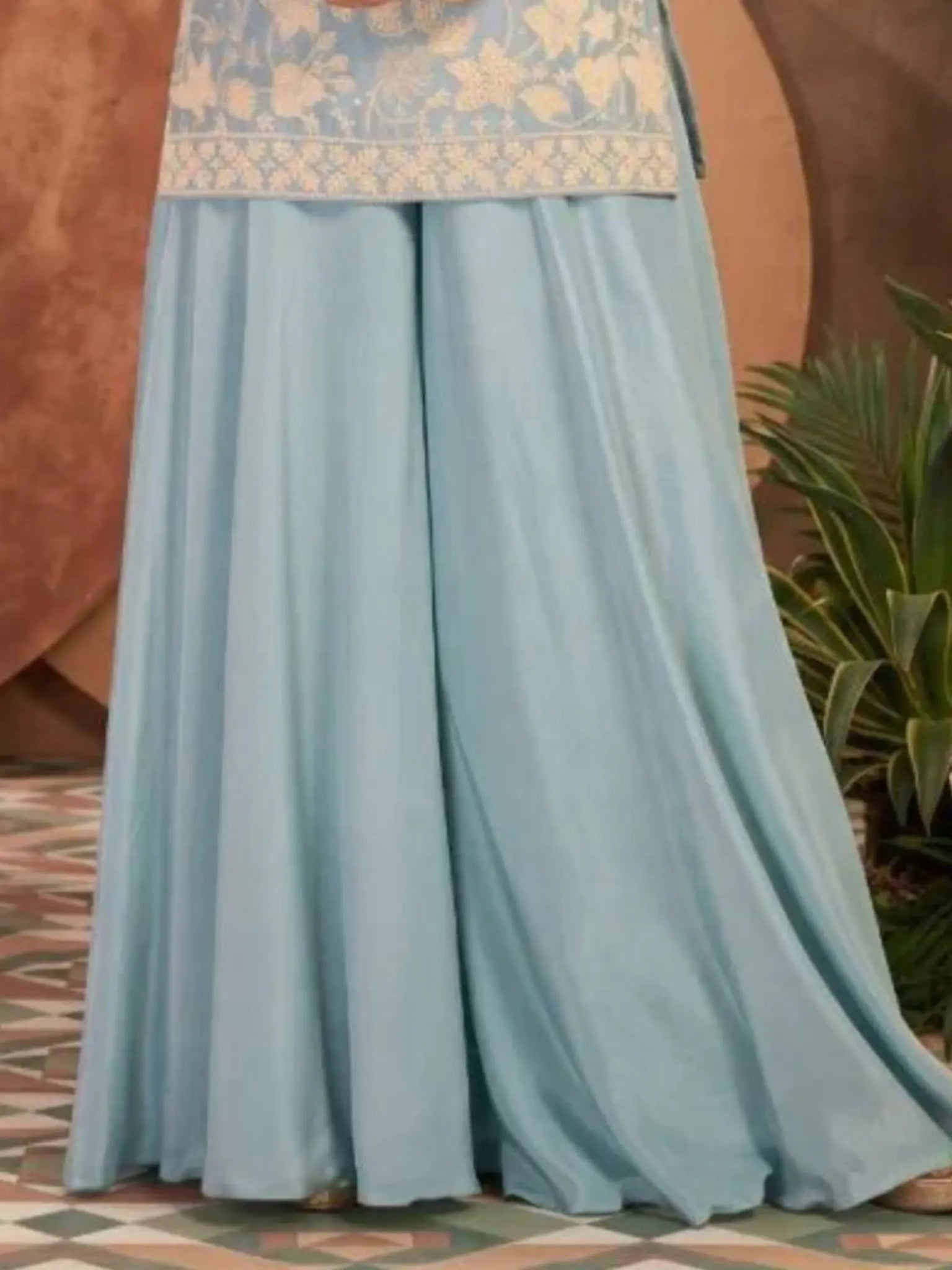 Sky Blue Georgette Kameez Floral Needlework and Sequin Highlights Close Up