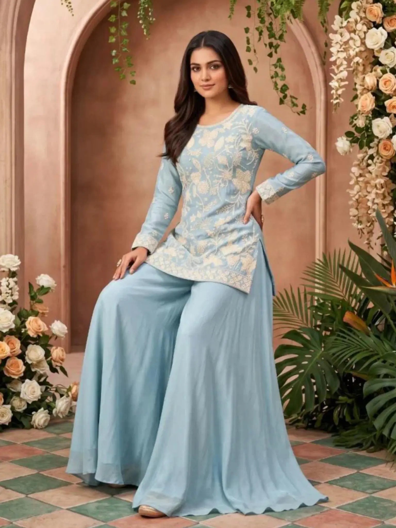 Sky Blue Embroidered Georgette Dupatta Drape and Edging