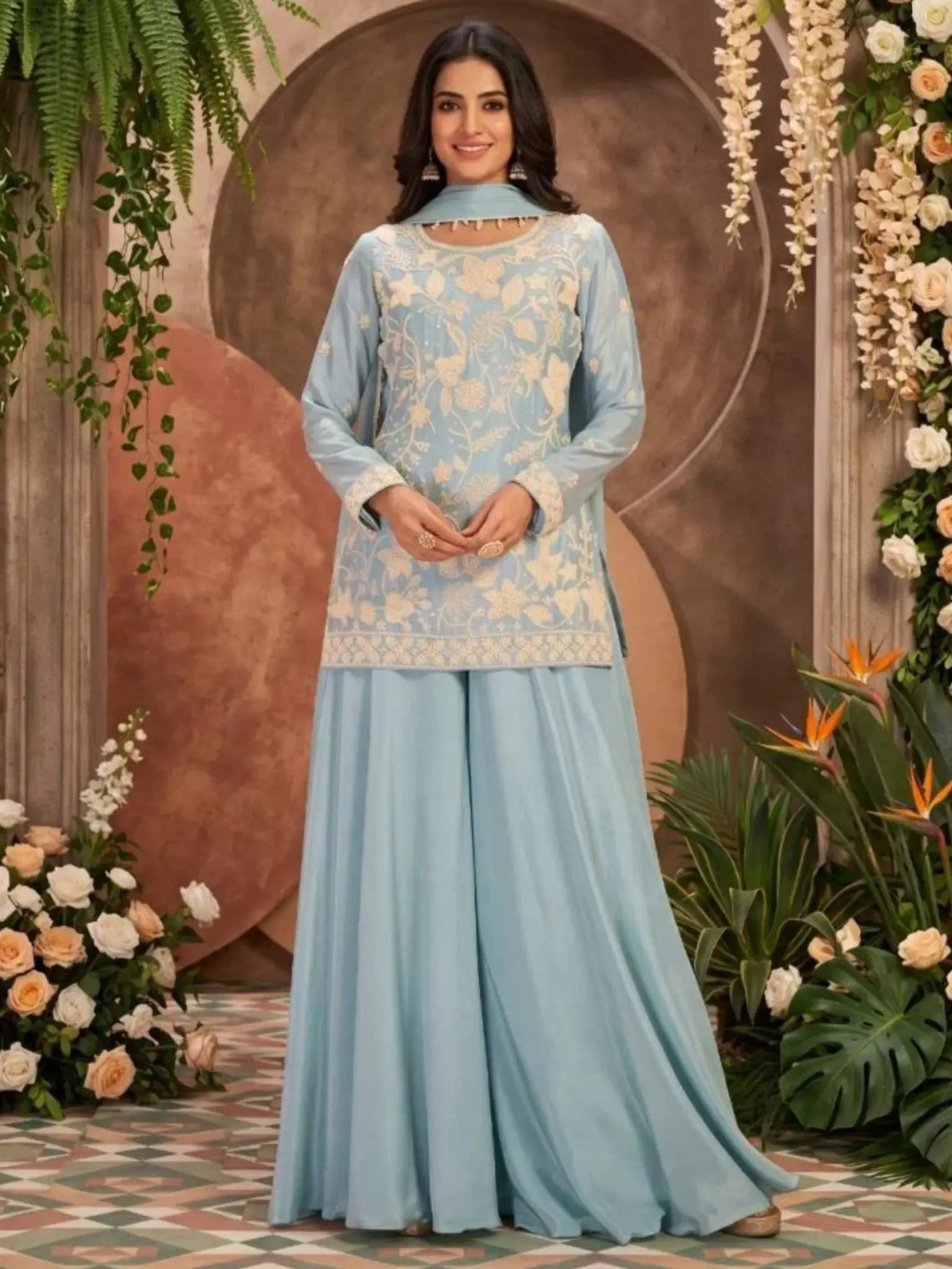 Sky Blue Embroidered Georgette Flared Palazzo Suit Set Full Front View
