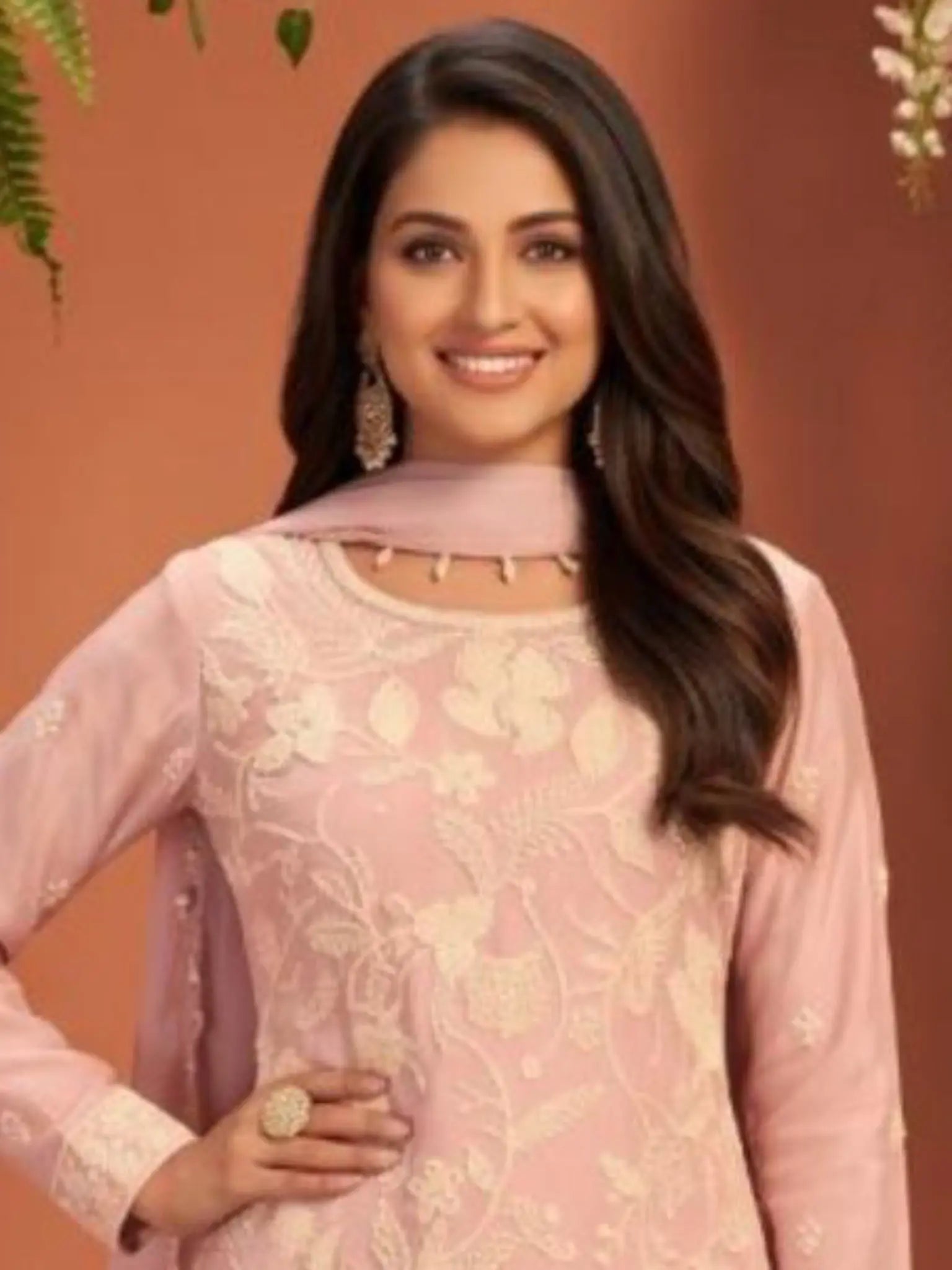 Blush Pink Embroidered Georgette Neckline and Ivory Floral Threadwork Detail