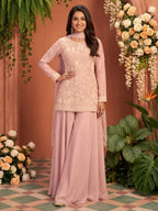 Blush Pink Embroidered Georgette Flared Palazzo Suit Set Full Front View
