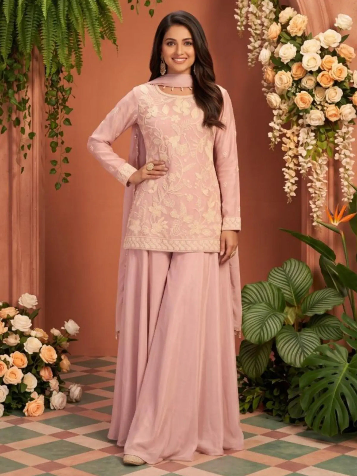 Blush Pink Embroidered Georgette Flared Palazzo Suit Set Full Front View