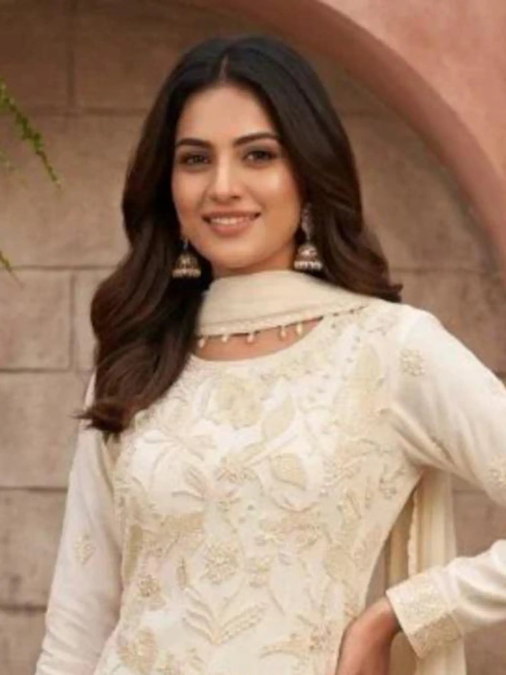 Ivory Cream Embroidered Georgette Neckline and Resham Vine Motifs Detail