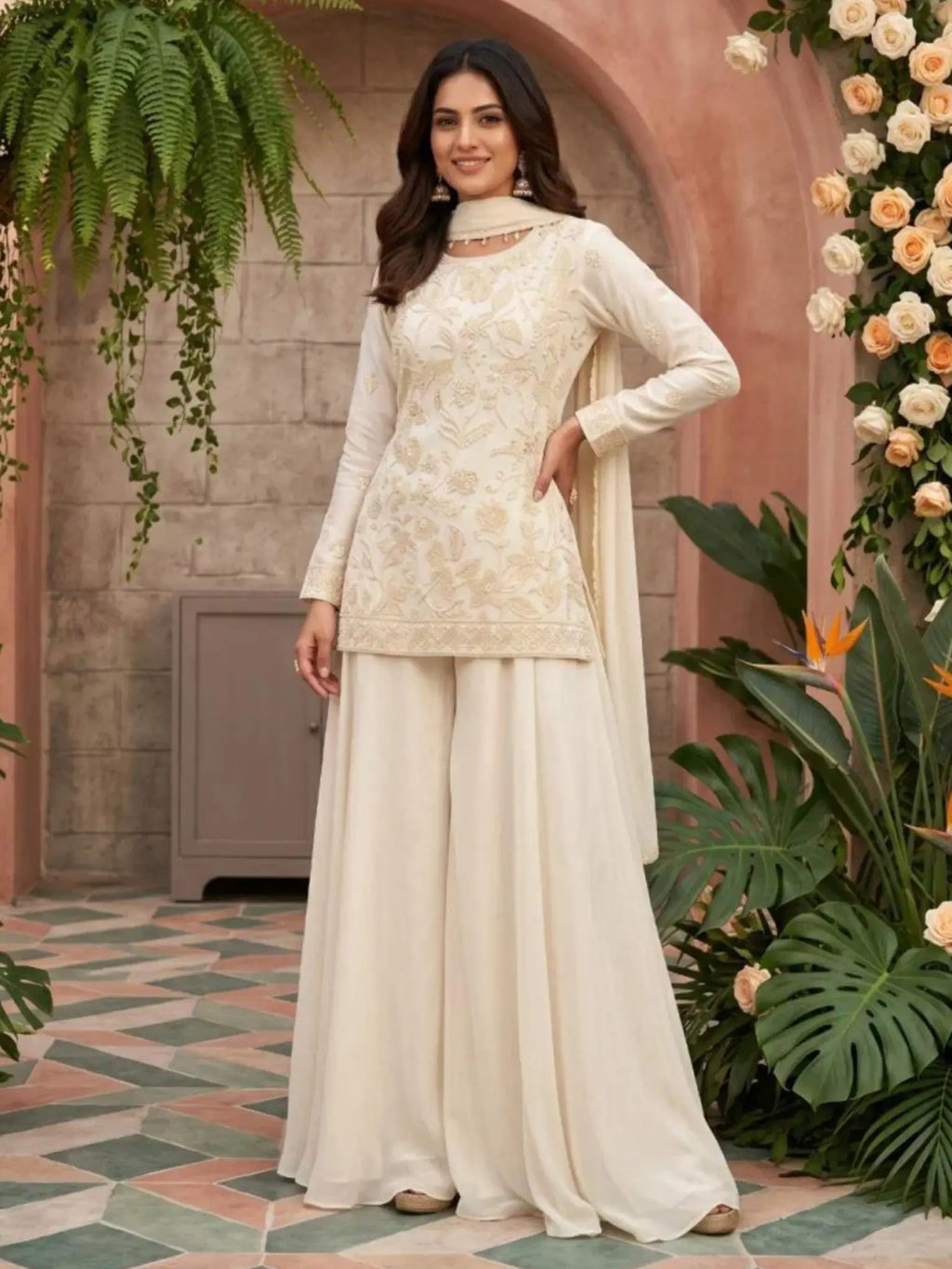 Ivory Cream Embroidered Georgette Flared Palazzo Suit Set Full Front View