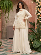 Ivory Cream Embroidered Georgette Flared Palazzo Suit Set Full Front View