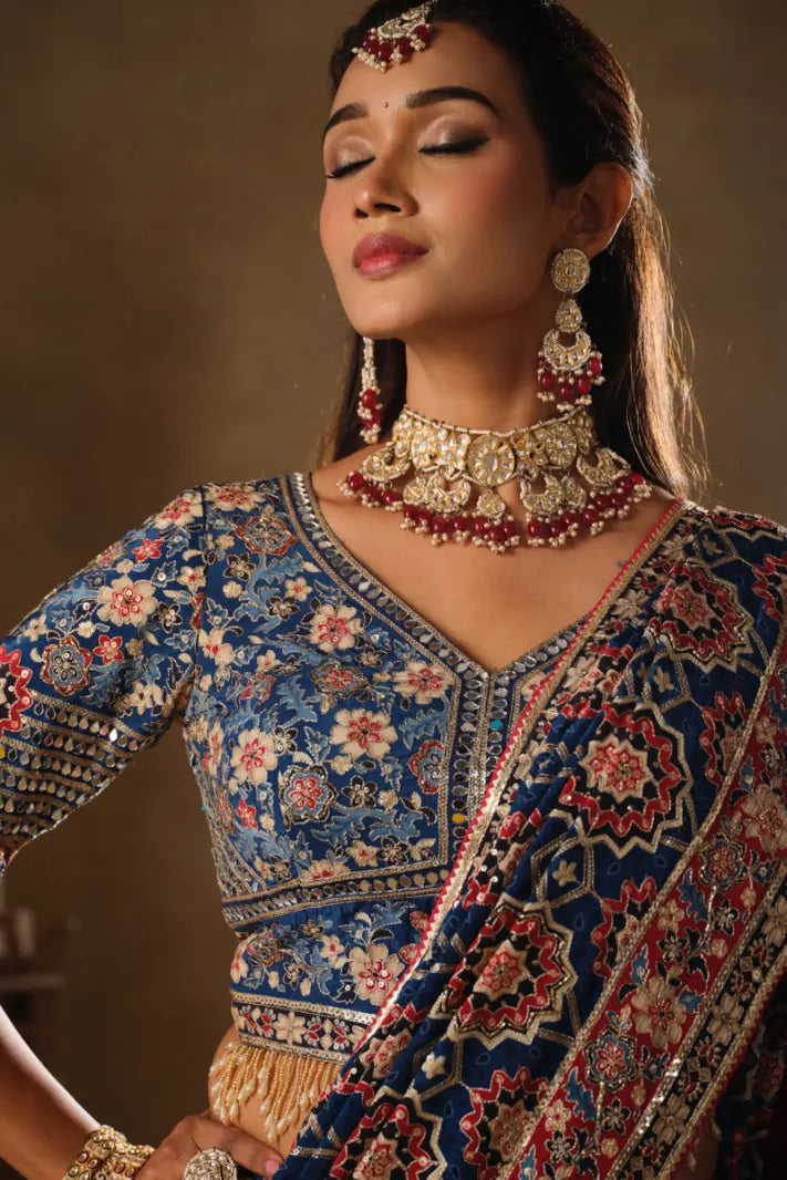 Royal Blue Natural Crepe premium saree with Aari hand work and mirror work by Naksh Creation view 2