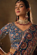 Royal Blue Natural Crepe premium saree with Aari hand work and mirror work by Naksh Creation view 2