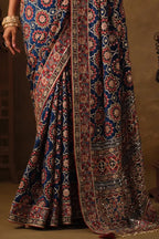 Royal Blue Natural Crepe premium saree with Aari hand work and mirror work by Naksh Creation view 3