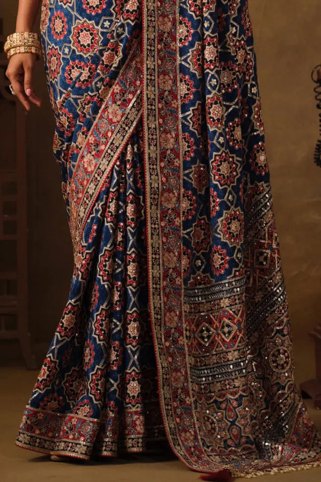 Royal Blue Natural Crepe premium saree with Aari hand work and mirror work by Naksh Creation view 3
