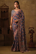 Royal Blue Natural Crepe premium saree with Aari hand work and mirror work by Naksh Creation