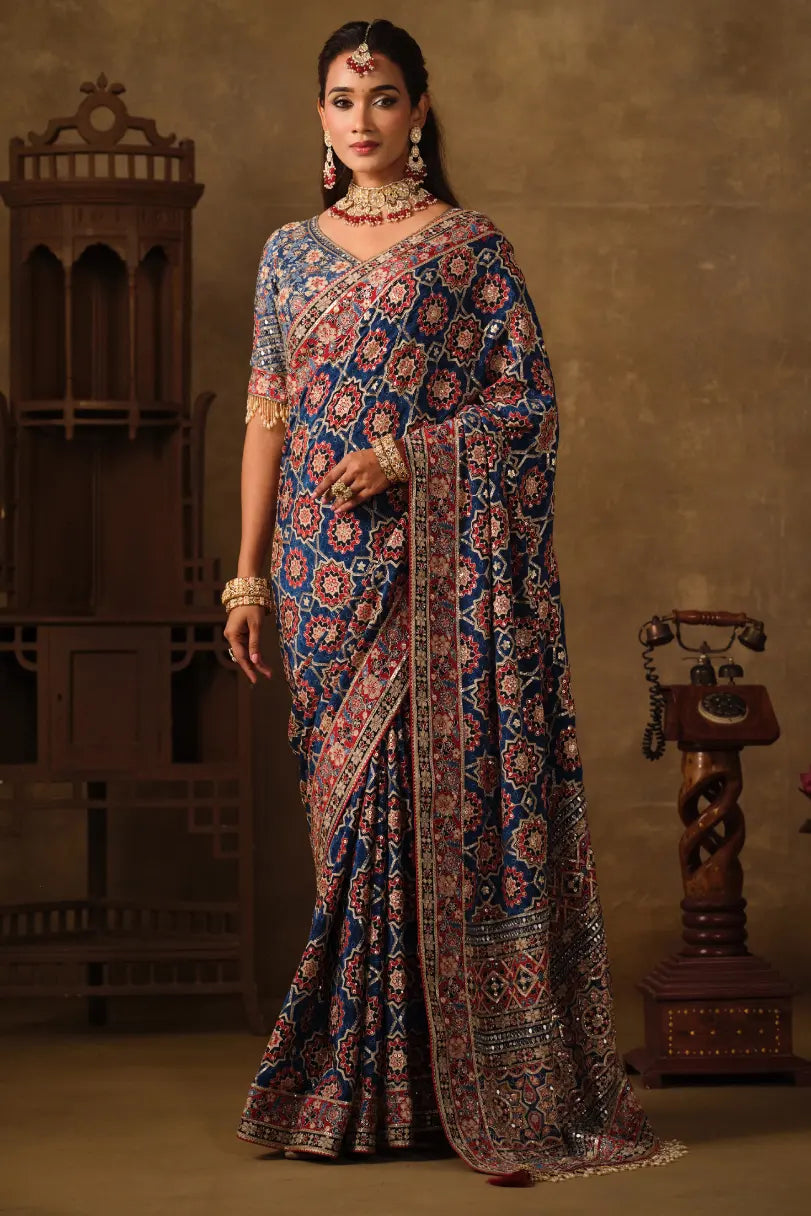 Royal Blue Natural Crepe premium saree with Aari hand work and mirror work by Naksh Creation