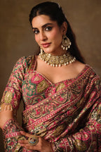 Wine Pink Natural Crepe premium saree with Aari hand work and mirror work by Naksh Creation view 2