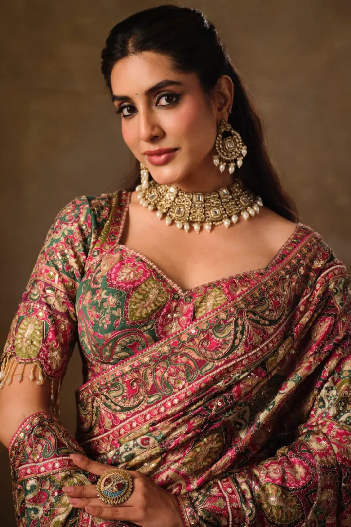 Wine Pink Natural Crepe premium saree with Aari hand work and mirror work by Naksh Creation view 2