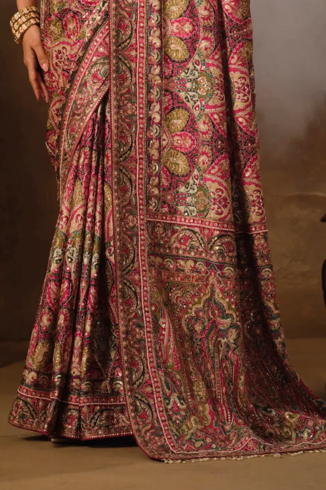 Wine Pink Natural Crepe premium saree with Aari hand work and mirror work by Naksh Creation view 3