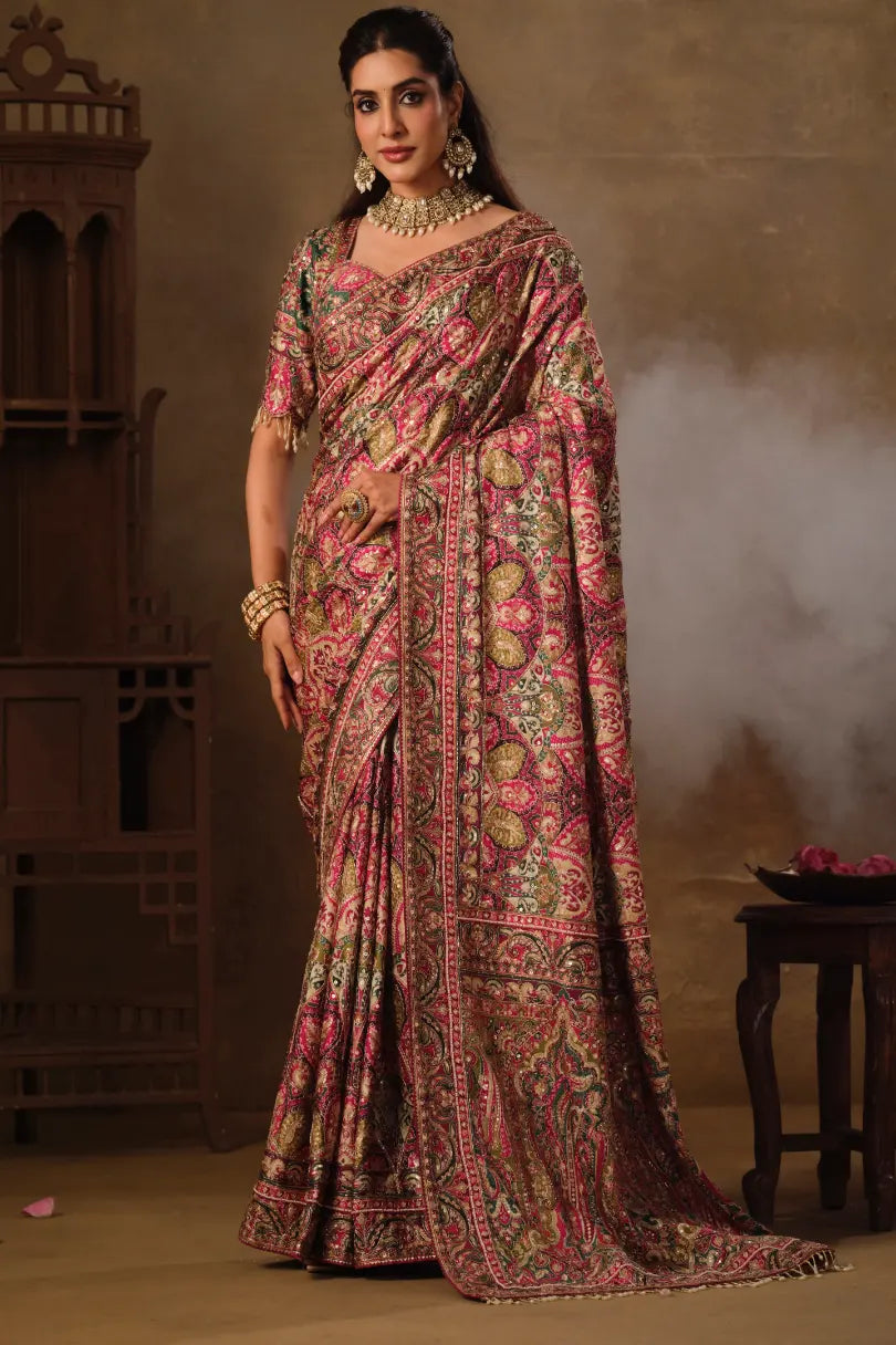 Wine Pink Natural Crepe premium saree with Aari hand work and mirror work by Naksh Creation
