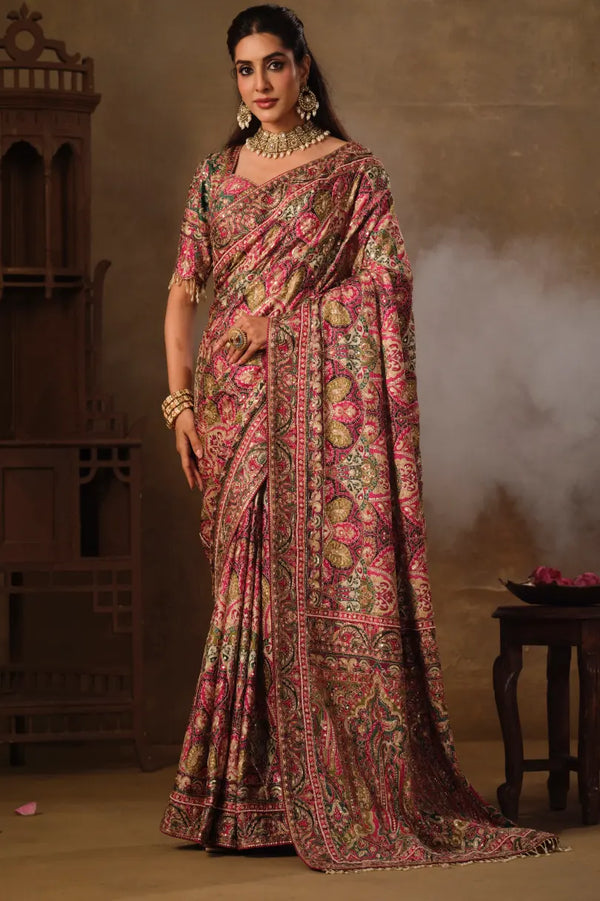 Wine Pink Natural Crepe premium saree with Aari hand work and mirror work by Naksh Creation