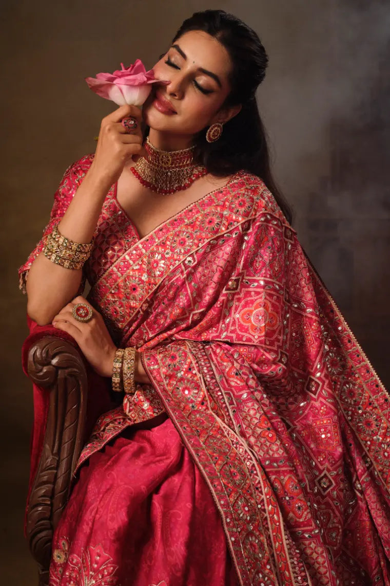 Magenta Pink Natural Crepe premium saree with Aari hand work and mirror work by Naksh Creation view 2