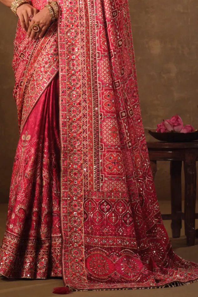 Magenta Pink Natural Crepe premium saree with Aari hand work and mirror work by Naksh Creation view 3