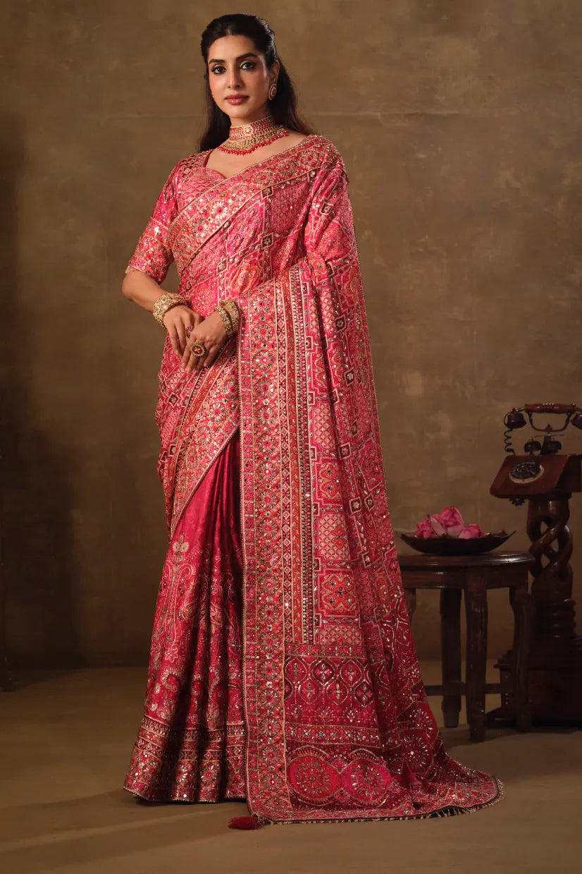 Magenta Pink Natural Crepe premium saree with Aari hand work and mirror work by Naksh Creation
