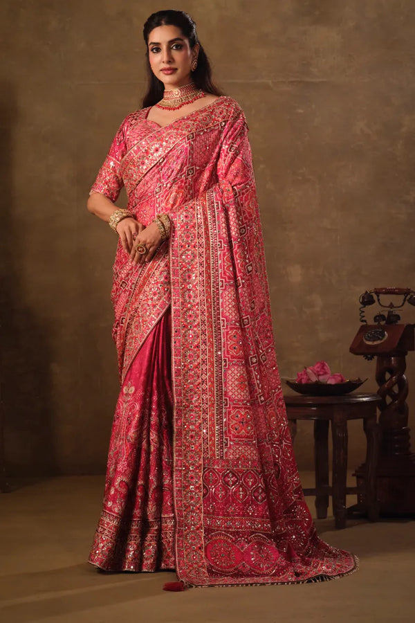 Magenta Pink Natural Crepe premium saree with Aari hand work and mirror work by Naksh Creation