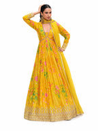 Bright Yellow Real Georgette Floral Digital Print Anarkali Suit Set