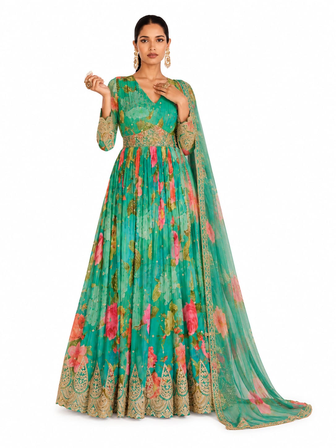 Sea Green Real Georgette Floral Digital Print Anarkali Suit Set