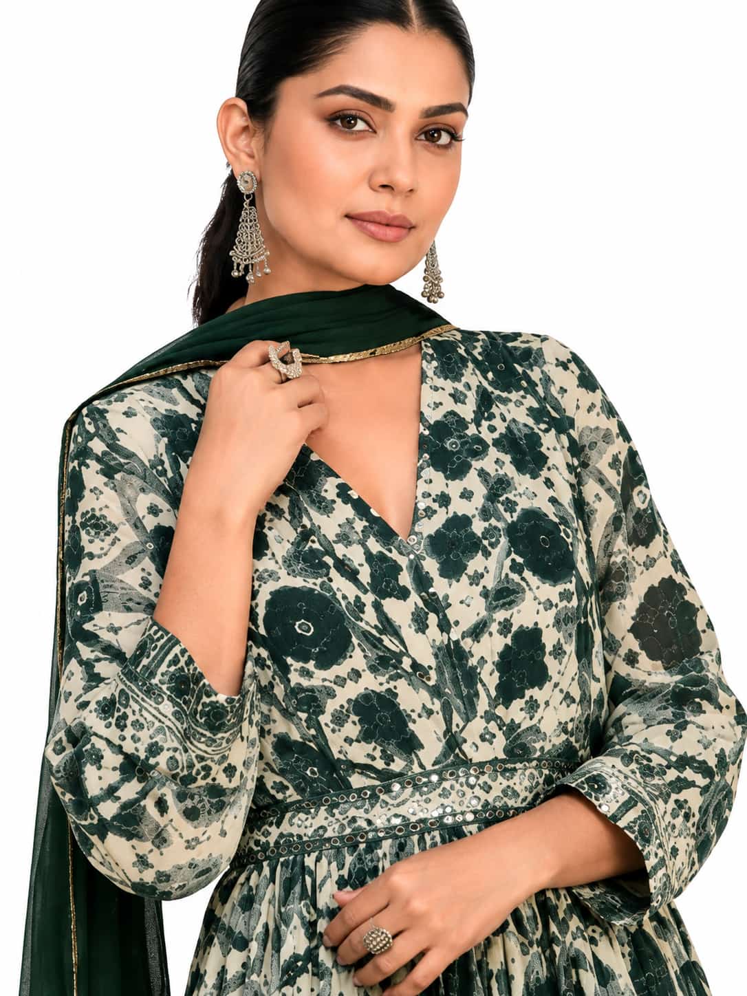 Bottle Green Georgette Printed Anarkali Suit