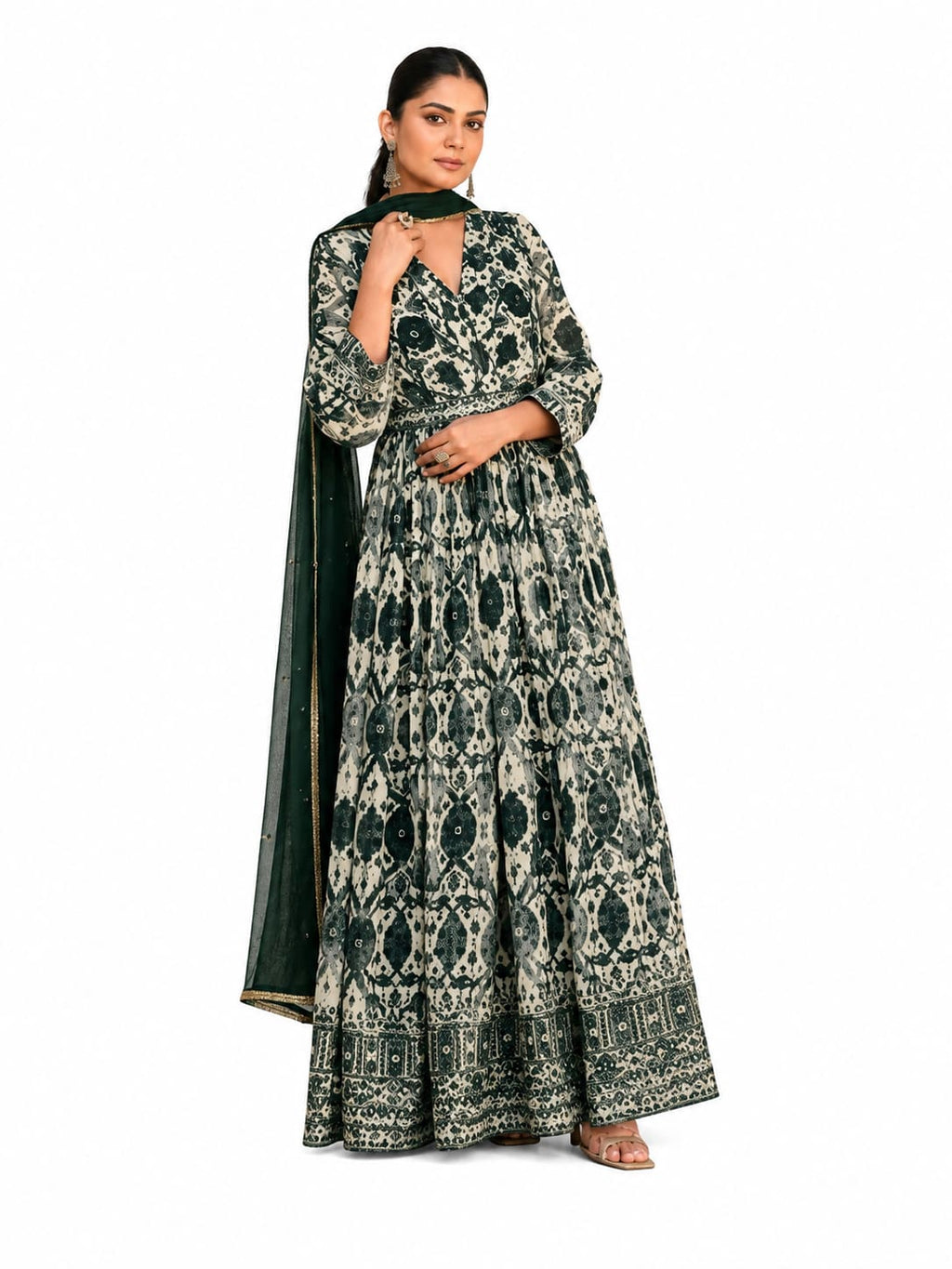 Bottle Green Real Georgette Printed Anarkali Suit Set