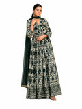 Bottle Green Real Georgette Printed Anarkali Suit Set