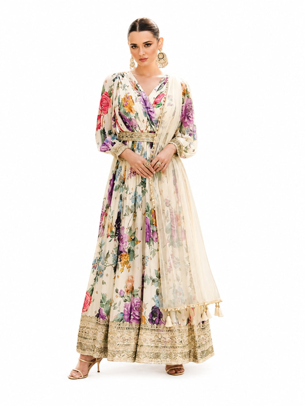 Off White Real Georgette Floral Digital Print Anarkali Suit Set