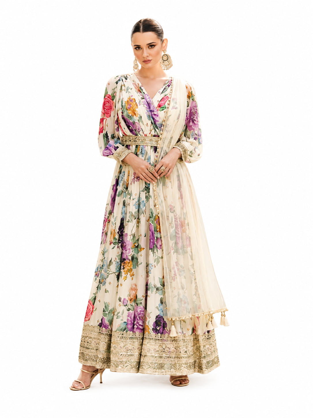 Off White Real Georgette Floral Digital Print Anarkali Suit Set