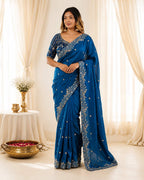 Royal Blue Silk Blend Embroidered Saree