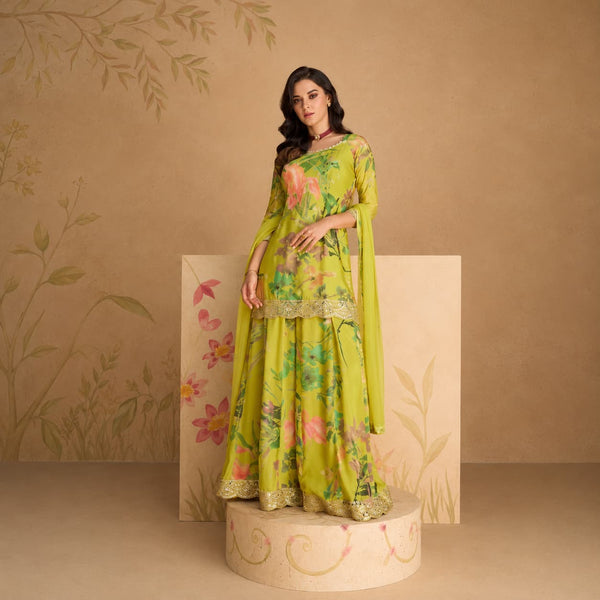 Lime Green Floral Real Chinon Silk Embroidered Readymade Sharara Suit by Naksh Creation