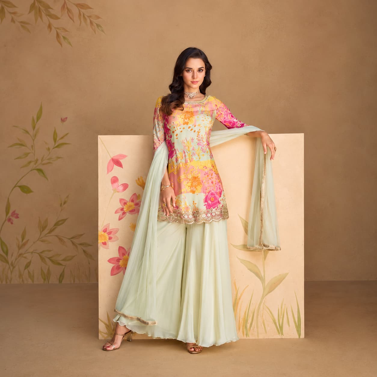 Ivory Pink Floral Embroidered Chinon Silk Sharara Suit with Net Dupatta for wedding and festive wear