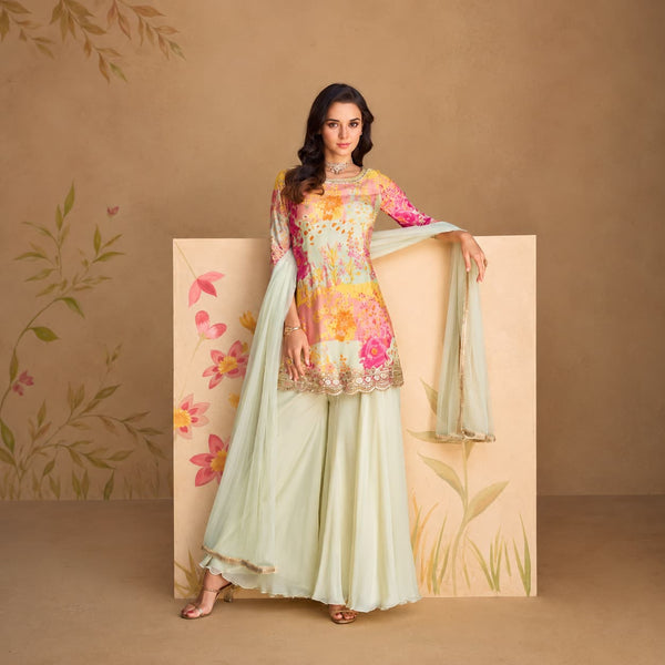 Blush Pink Floral Real Chinon Silk Embroidered Readymade Sharara Suit by Naksh Creation