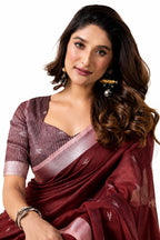 Deep Maroon Linen Silk Ikat Buti Saree - Naksh Creation