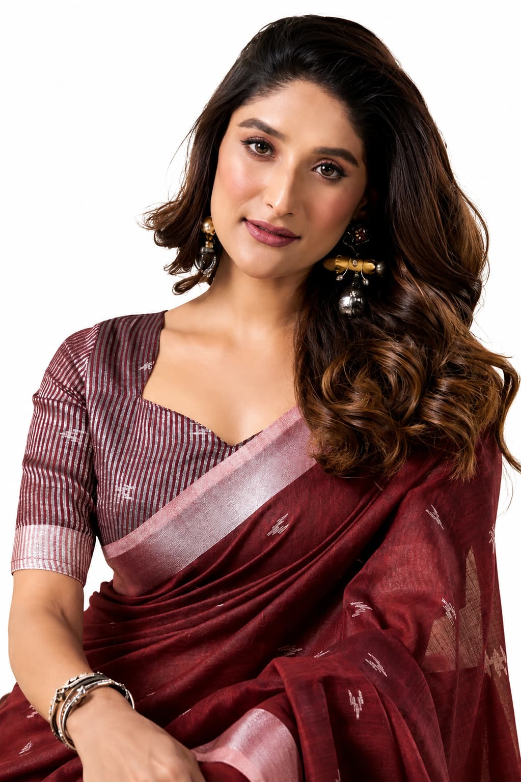 Deep Maroon Linen Silk Ikat Buti Saree - Naksh Creation
