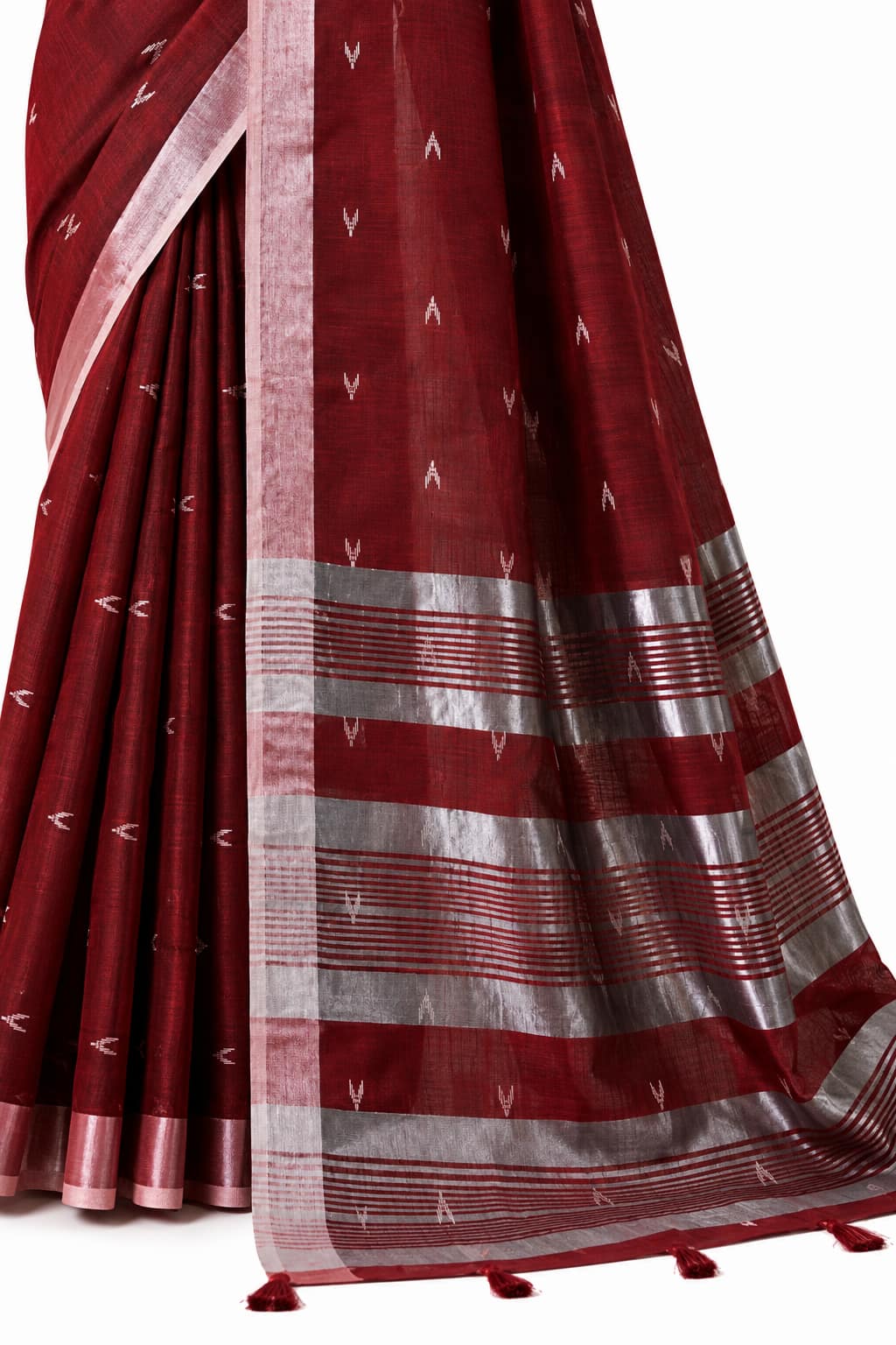 Deep Maroon Linen Silk Saree Striped Pallu Detail - Naksh Creation