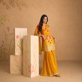 Yellow Green Embroidered Chinon Silk Sharara Suit with Net Dupatta for wedding and festive wear