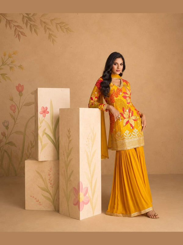 Mustard Yellow Floral Real Chinon Silk Embroidered Readymade Sharara Suit by Naksh Creation