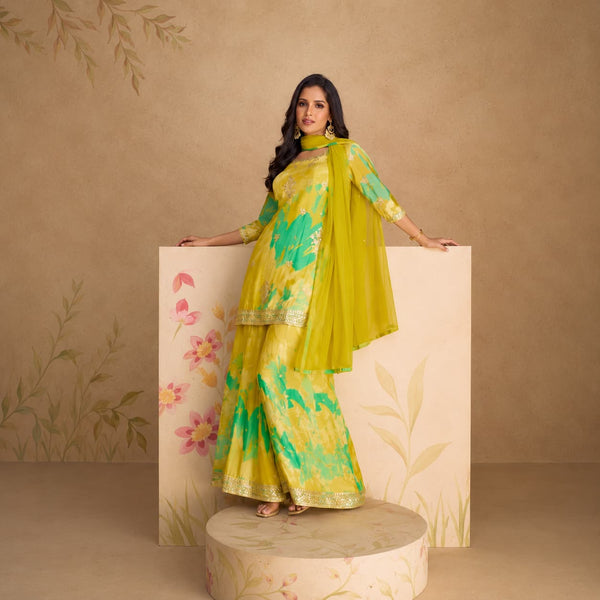 Yellow Floral Real Chinon Silk Embroidered Readymade Sharara Suit by Naksh Creation