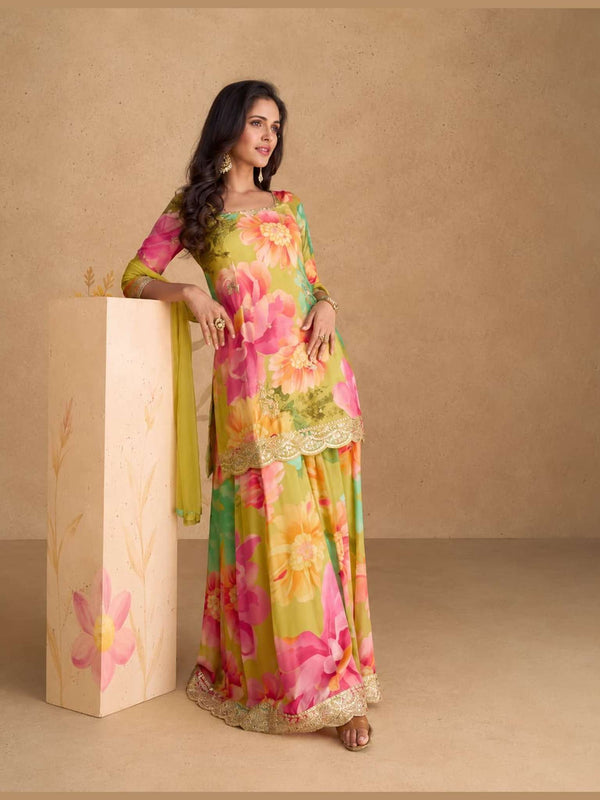 Olive Green Floral Real Chinon Silk Embroidered Readymade Sharara Suit by Naksh Creation