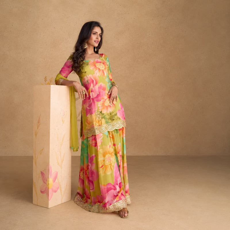 Olive Green Floral Real Chinon Silk Embroidered Readymade Sharara Suit by Naksh Creation