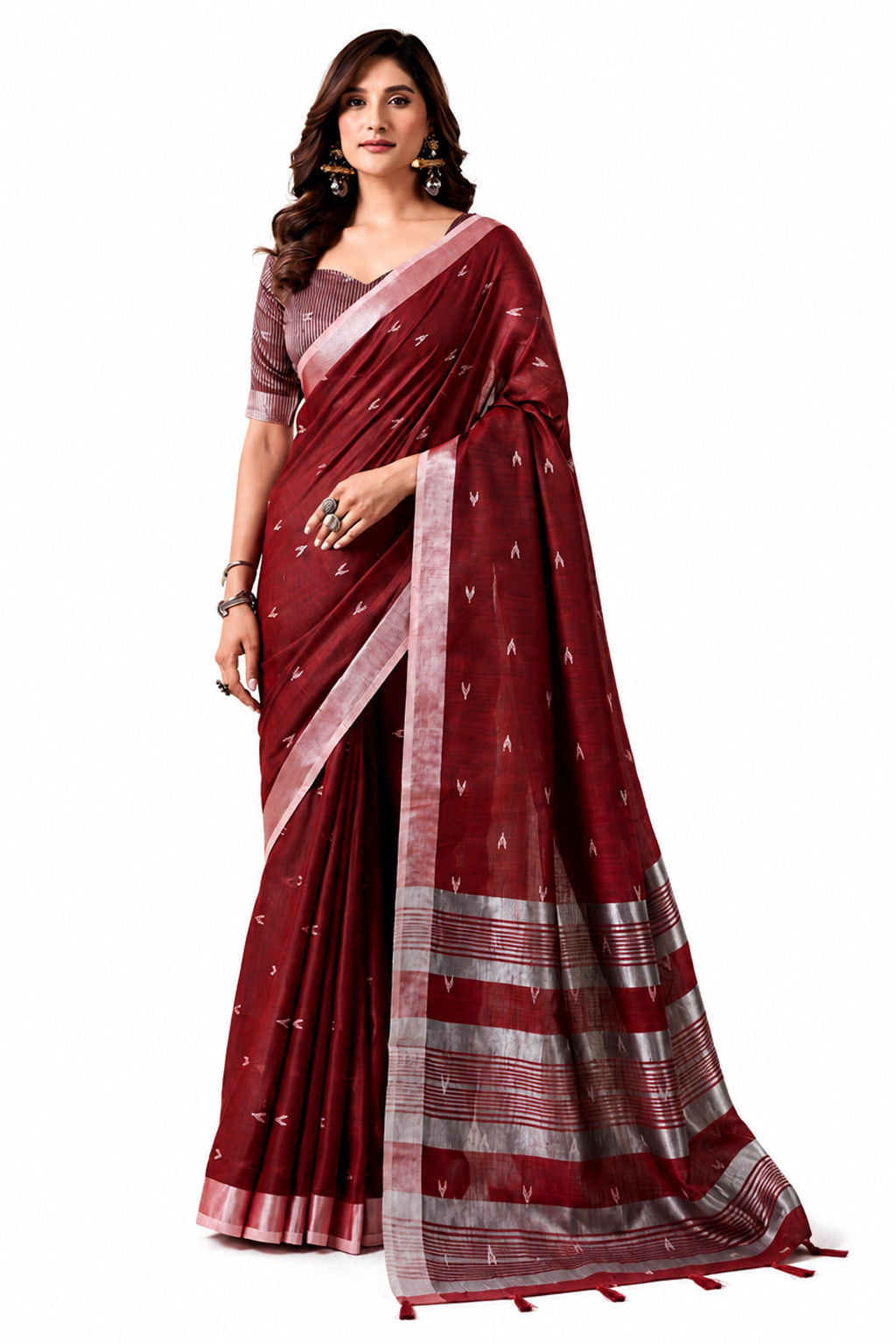 Deep Maroon Linen Silk Saree Blouse Detail - Naksh Creation