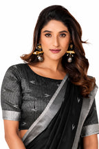Black Linen Silk Ikat Buti Saree - Naksh Creation
