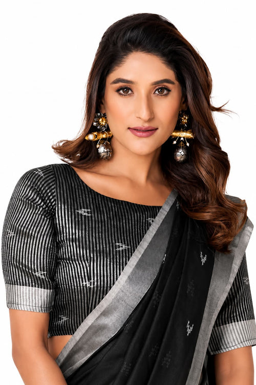 Black Linen Silk Ikat Buti Saree - Naksh Creation