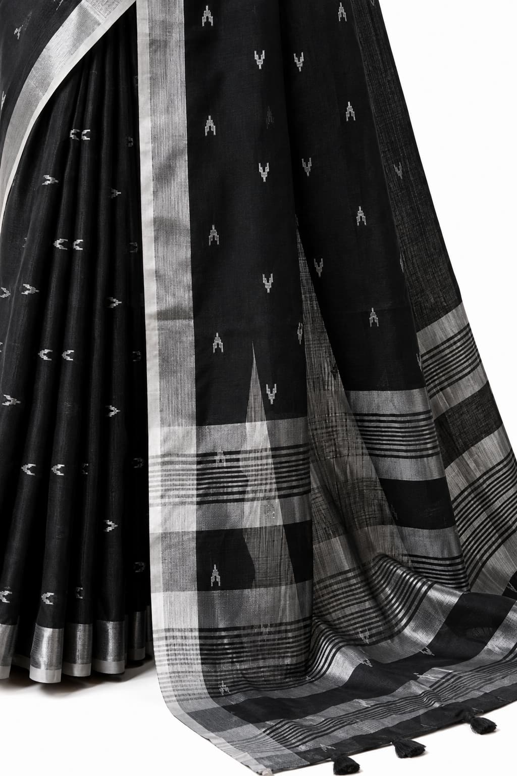 Black Linen Silk Saree Striped Pallu Detail - Naksh Creation