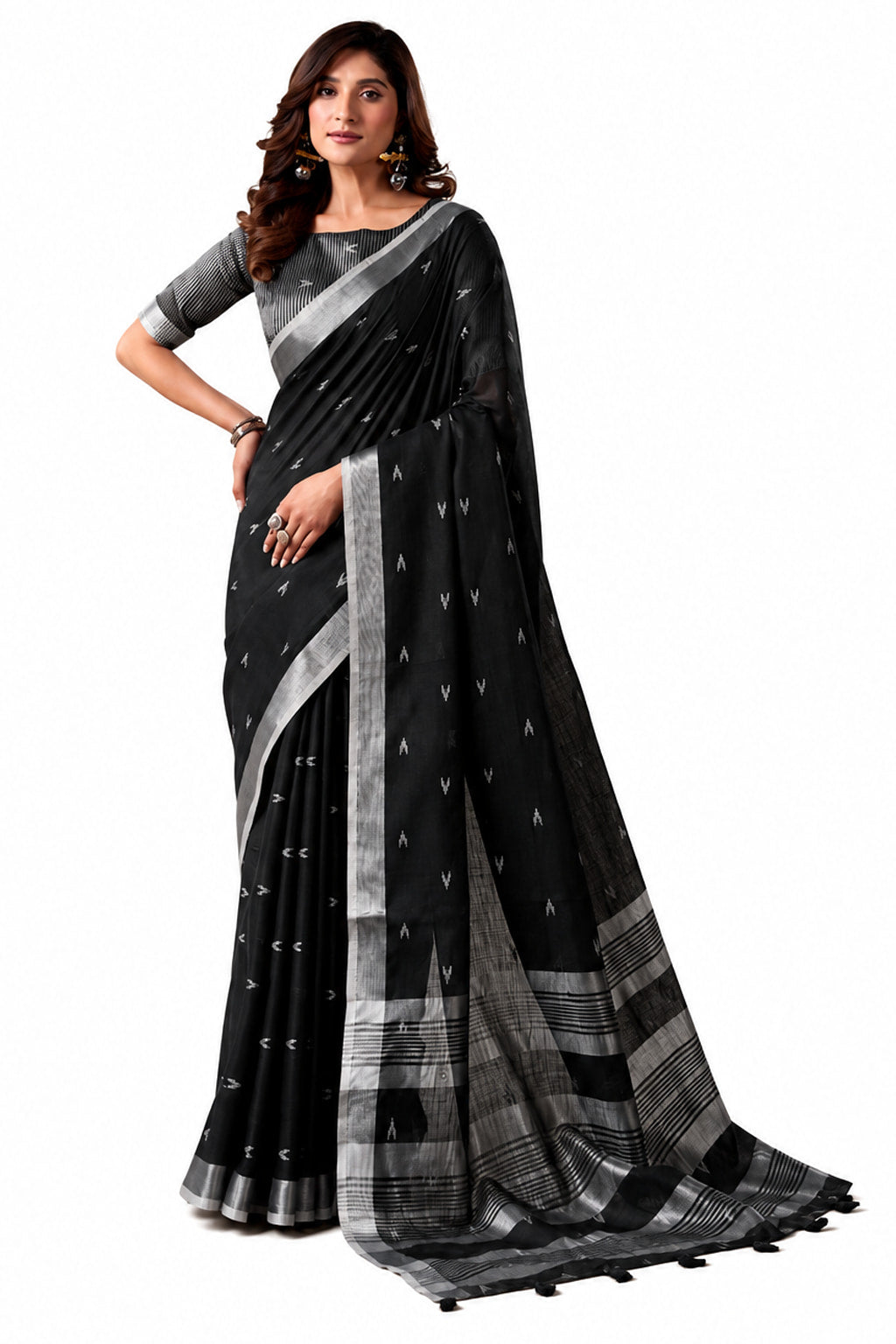 Black Linen Silk Saree Blouse Detail - Naksh Creation